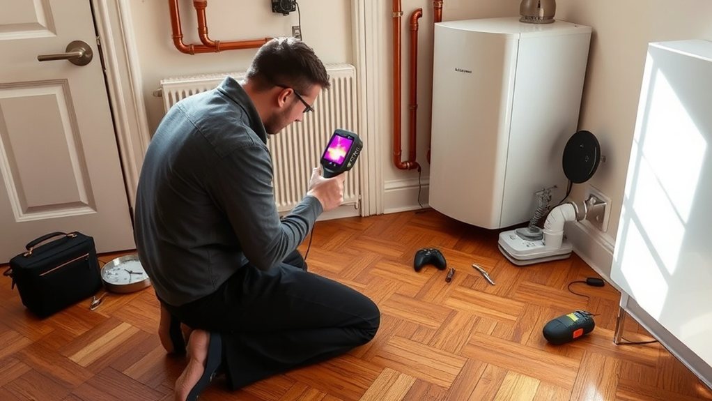 Engineer locating central heating leak using thermal imaging in Streatham